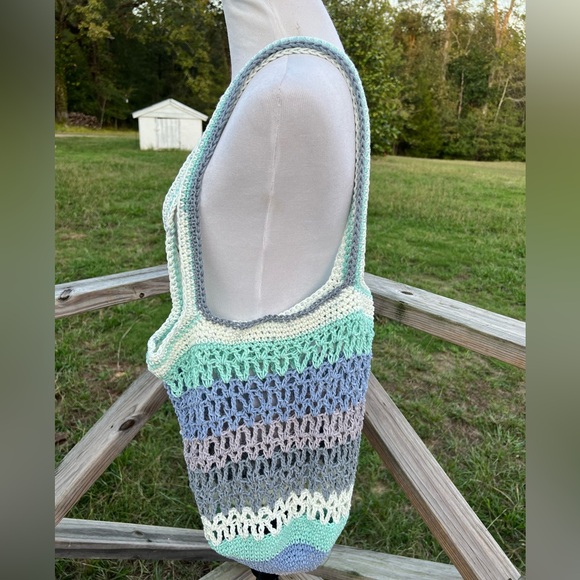 Hand Crafted Handbags - Blue, Grey, White & Teal Crochet Acrylic Market Bag Handmade